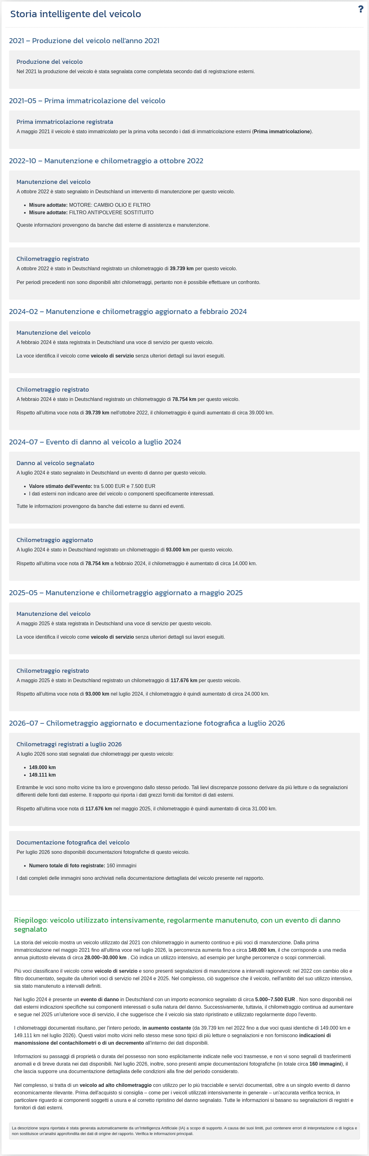 La sezione "Storia intelligente del veicolo" nel rapporto VIN-Info mostra un riepilogo generato dall’IA sulla base dei dati disponibili del veicolo.