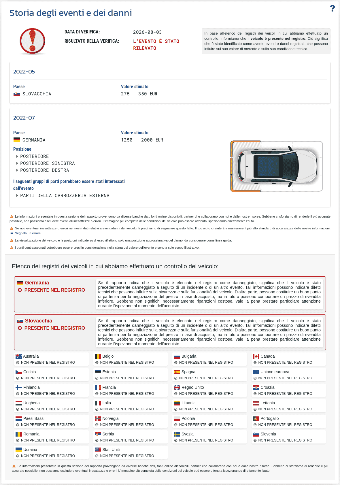 La sezione "Storico degli eventi" nel rapporto VIN-Info mostra le informazioni disponibili su danni, collisioni e altri eventi che possono influenzare la valutazione del veicolo.