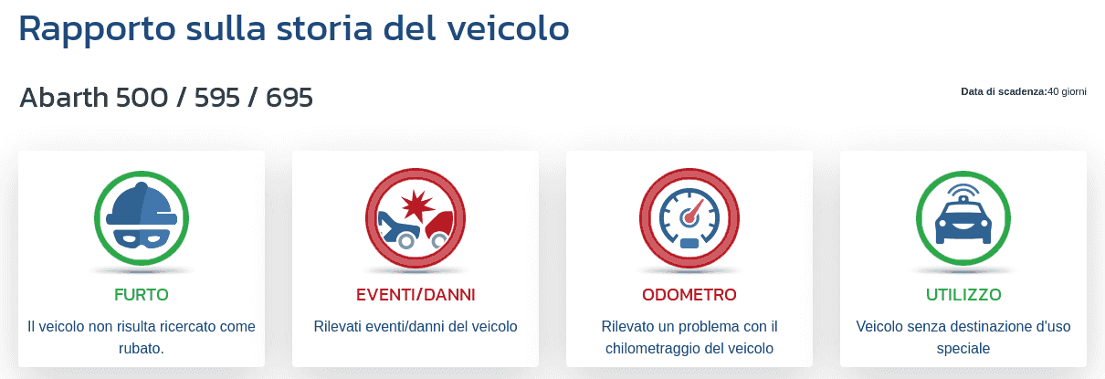 La sezione "Rapporto sulla storia del veicolo" nel rapporto VIN-Info mostra i primi indicatori relativi al chilometraggio, ai danni, al furto e alla destinazione d’uso del veicolo.