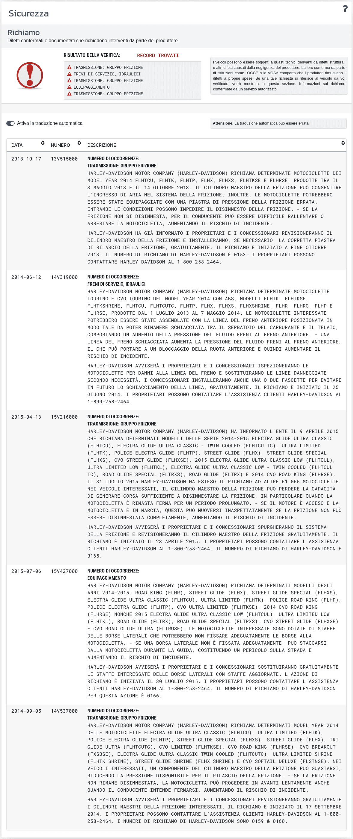 La sezione "Sicurezza" nel rapporto VIN-Info mostra le informazioni disponibili relative ai test di sicurezza, ai sistemi di protezione e ai dati tecnici del veicolo.