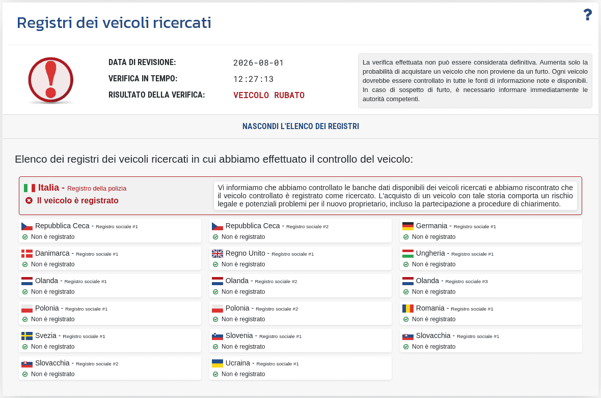 La sezione "Banca dati dei veicoli ricercati" nel rapporto VIN-Info mostra l’esito del controllo del VIN nelle banche dati disponibili dei veicoli rubati.