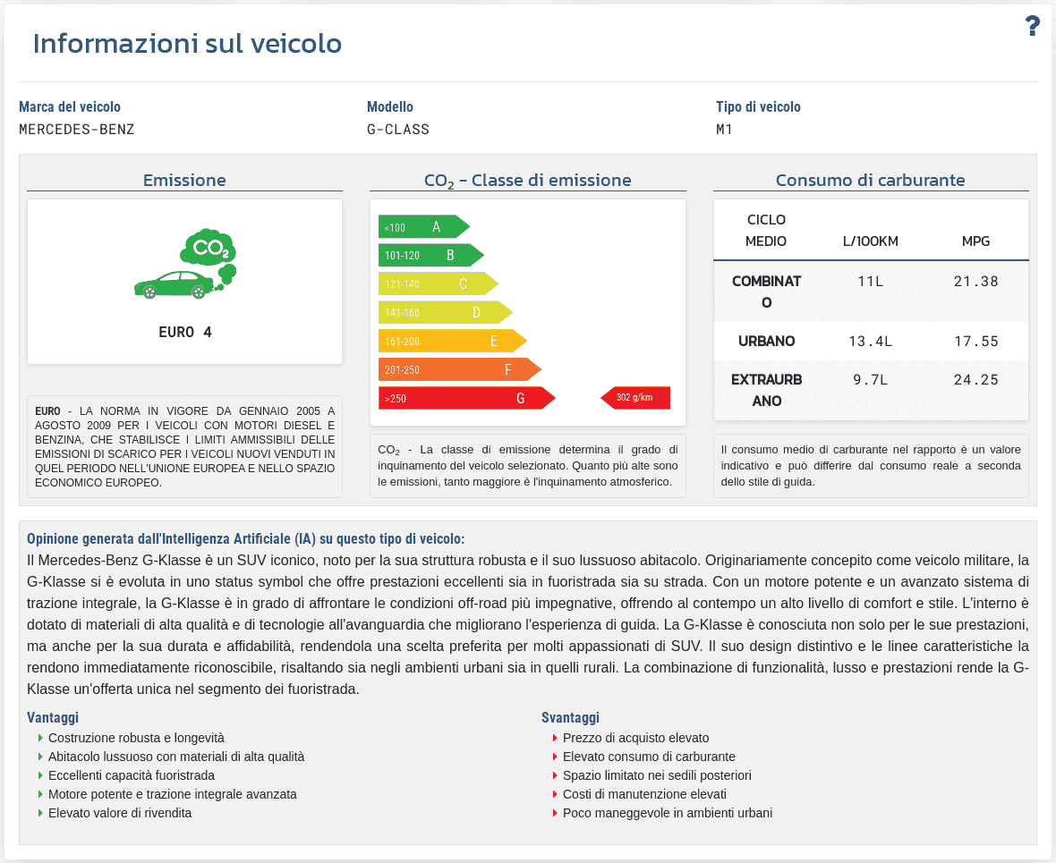 La sezione "Informazioni sul veicolo" nel rapporto VIN-Info mostra i dati tecnici disponibili e i parametri del veicolo associati al numero VIN.