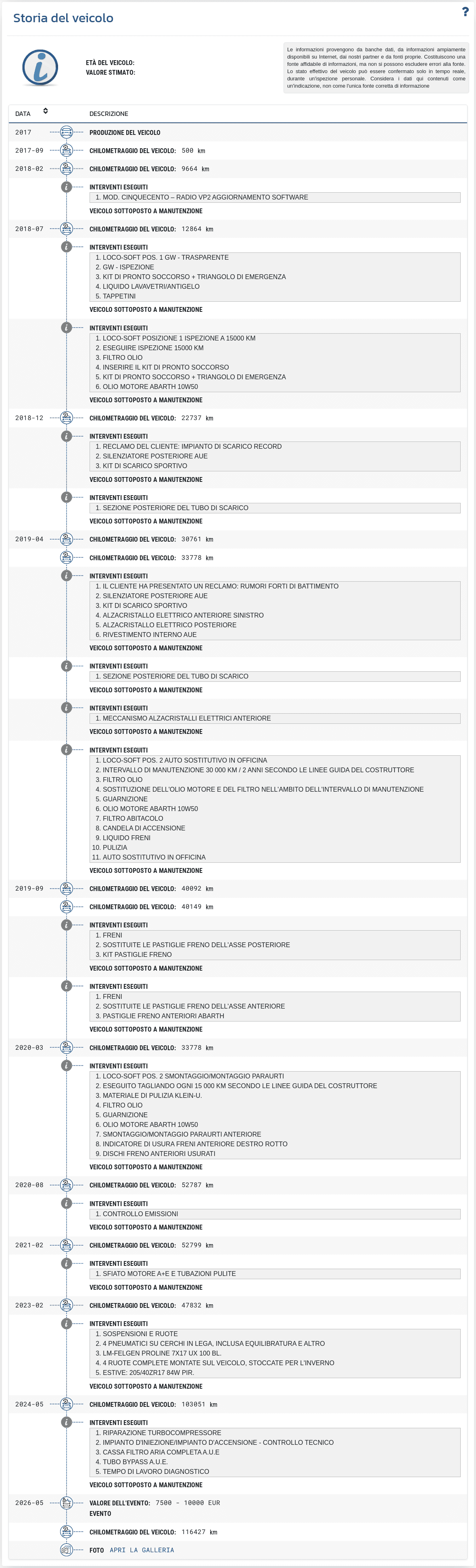 La sezione "Storia del veicolo" nel rapporto VIN-Info mostra un registro cronologico dei record disponibili relativi al passato del veicolo.
