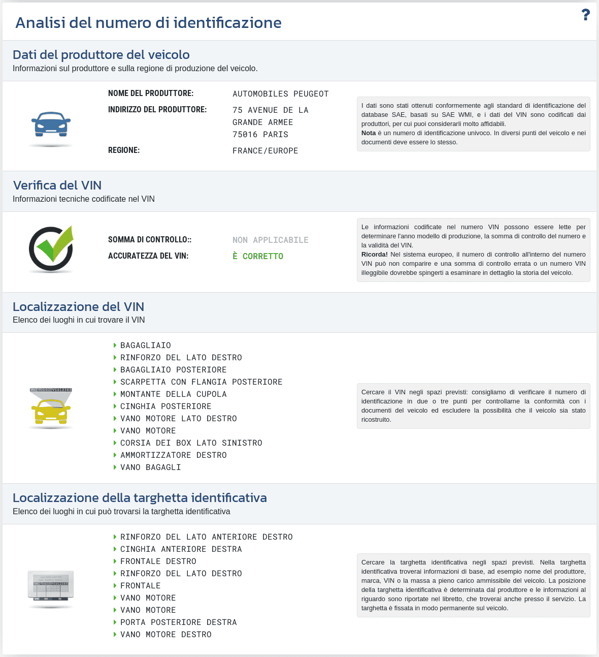 La sezione "Analisi del VIN" nel rapporto VIN-Info mostra la decodifica del VIN, la verifica del formato del numero e le informazioni disponibili sul costruttore e sull’origine del veicolo.