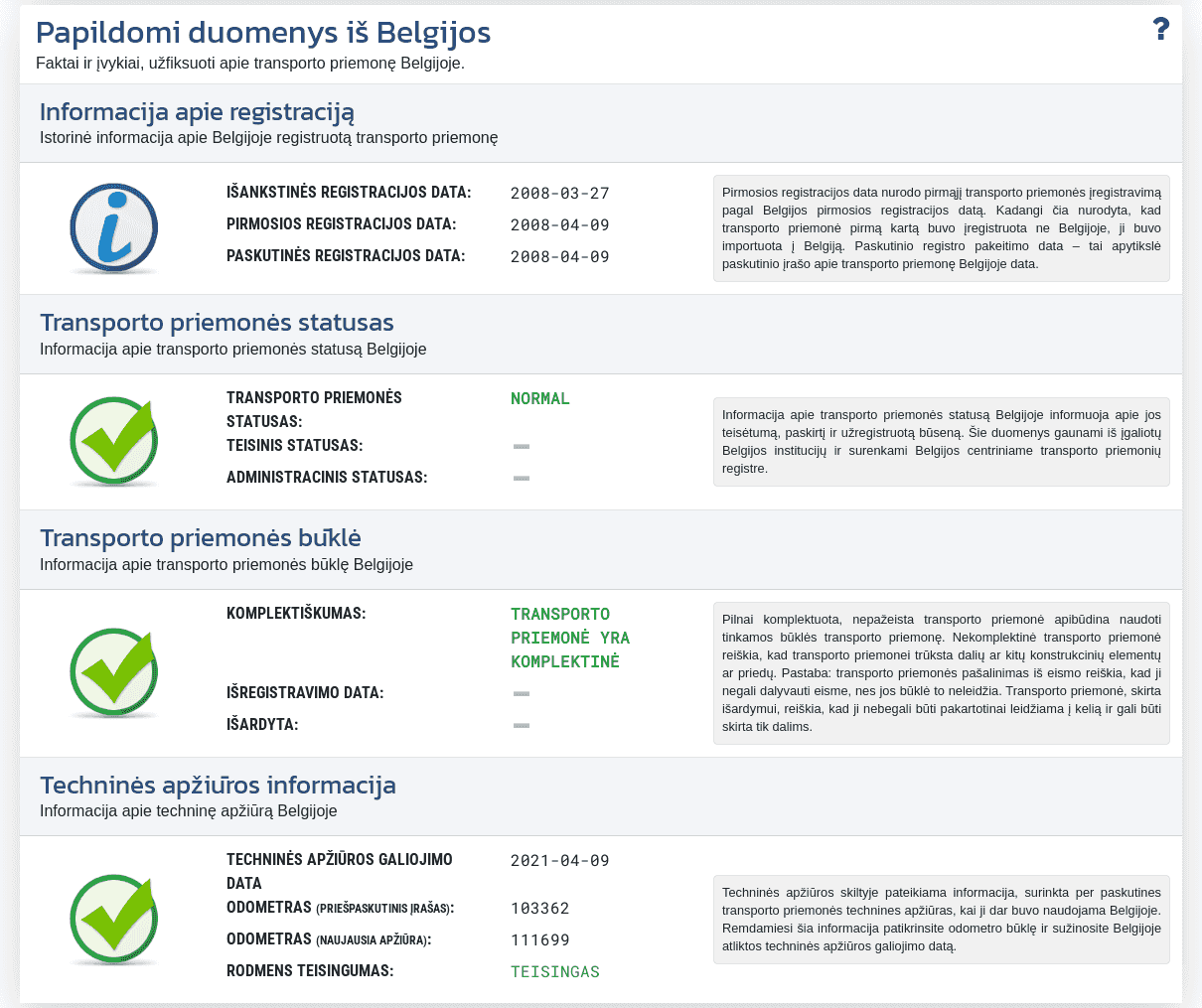 Skiltis "Papildomi duomenys iš Belgijos" VIN-Info ataskaitoje rodo prieinamą registracijos informaciją, transporto priemonės statusą ir techninės apžiūros duomenis Belgijoje.