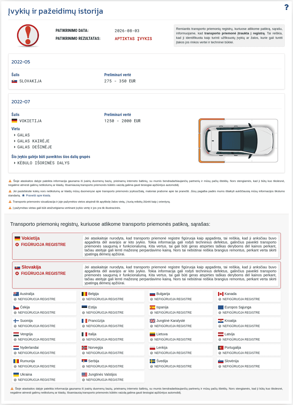 Skiltis "Įvykių istorija" VIN-Info ataskaitoje rodo prieinamą informaciją apie žalą, susidūrimus ir kitus įvykius, galinčius turėti įtakos transporto priemonės įvertinimui.