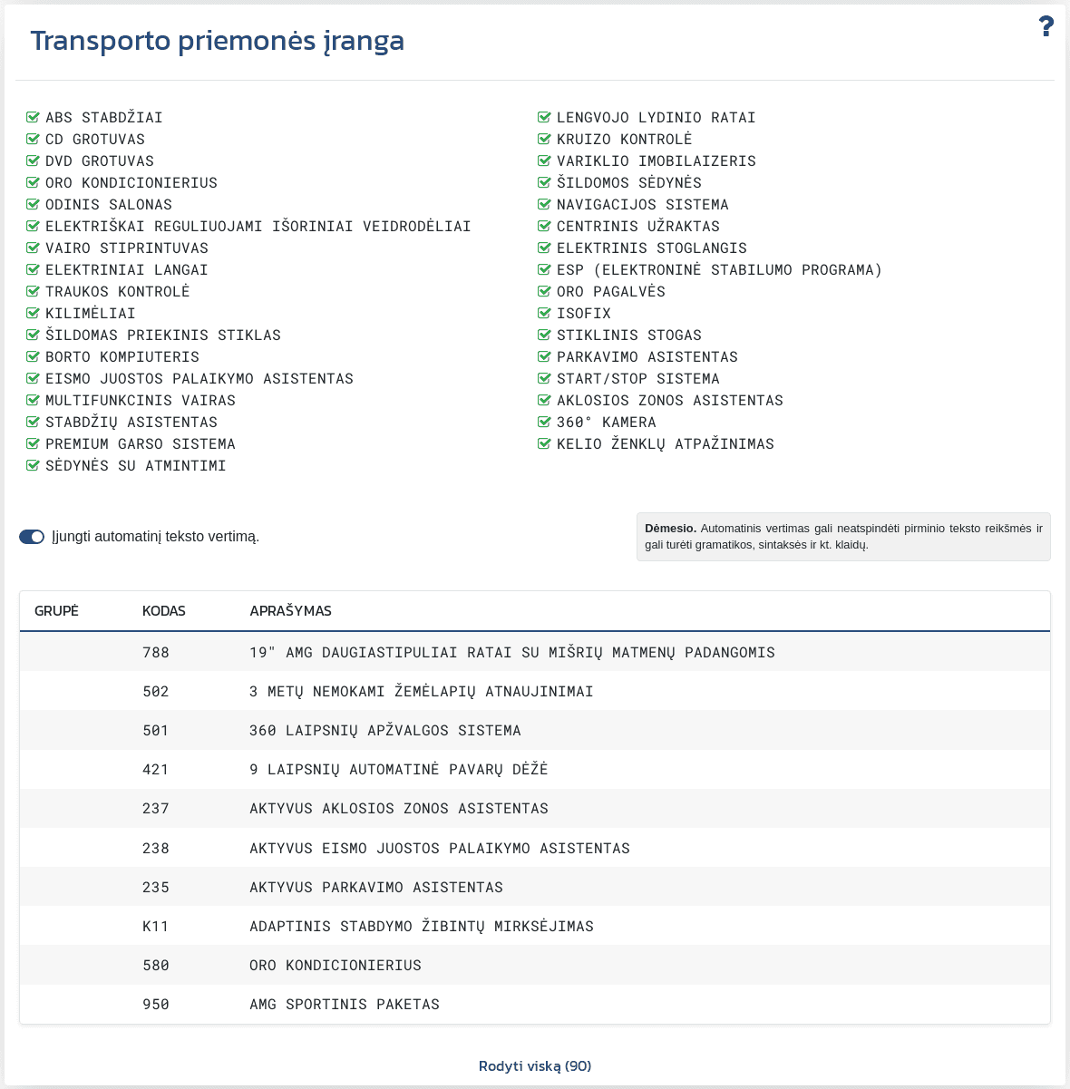 Skiltis "Transporto priemonės įranga" VIN-Info ataskaitoje rodo prieinamą informaciją apie su VIN susietą konfigūraciją ir įrangą.