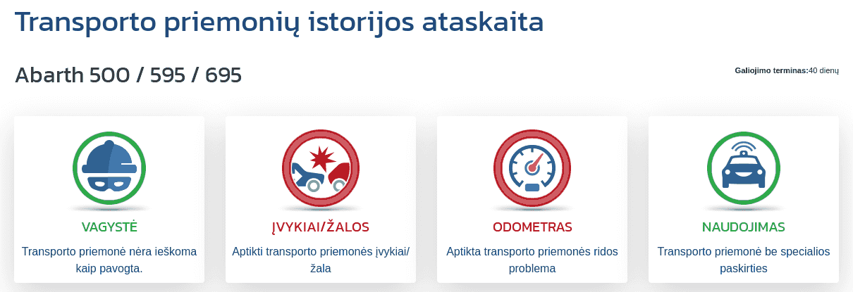 Skiltis "Transporto priemonės istorijos ataskaita" VIN-Info ataskaitoje rodo pirmuosius signalus apie ridą, pažeidimus, vagystę ir transporto priemonės paskirtį.