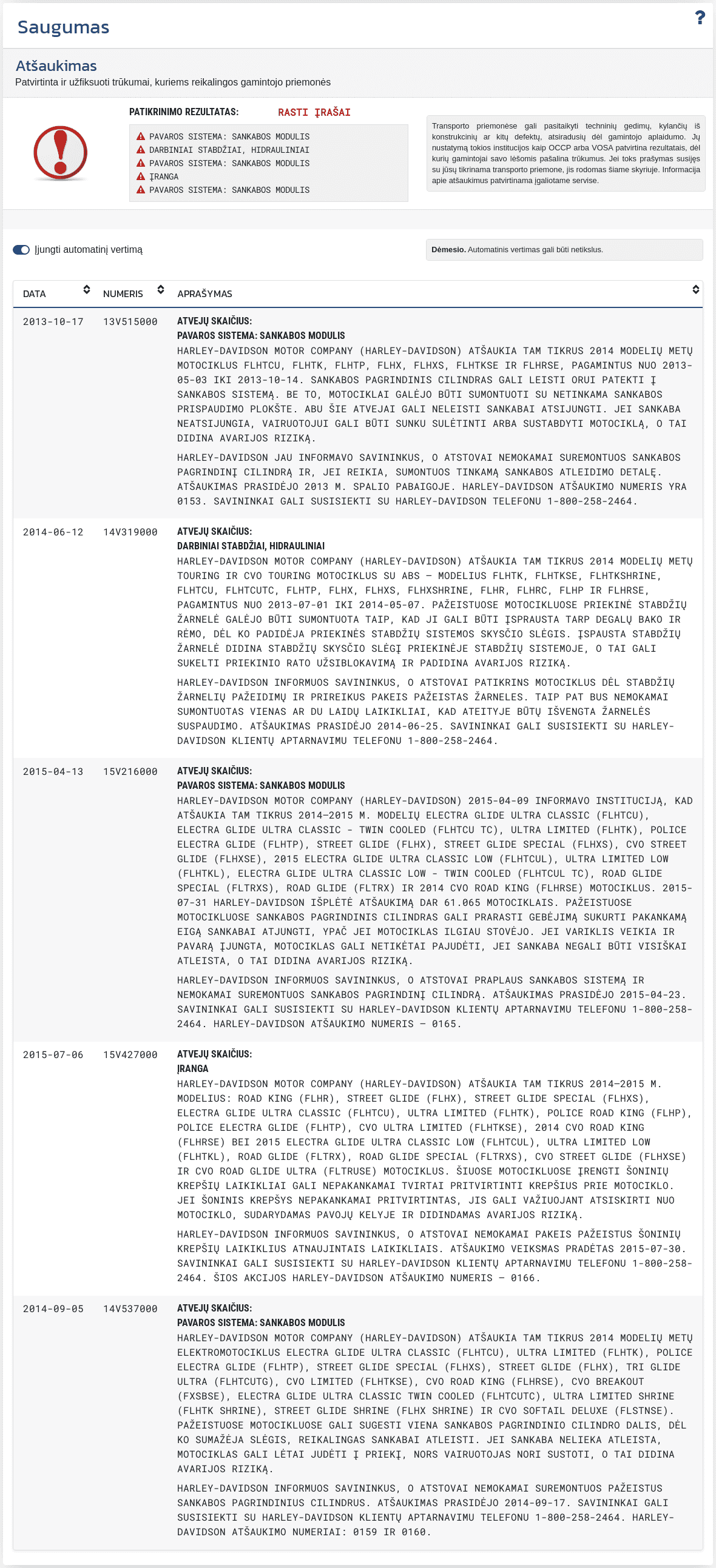 Skiltis "Saugumas" VIN-Info ataskaitoje rodo prieinamą informaciją apie saugumo bandymus, apsaugos sistemas ir techninius transporto priemonės duomenis.