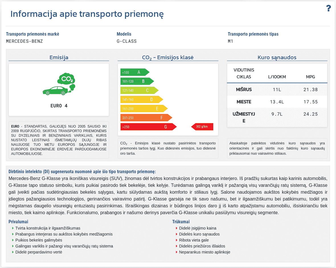 Skiltis "Informacija apie transporto priemonę" VIN-Info ataskaitoje parodo prieinamus techninius duomenis ir transporto priemonės parametrus, susietus su VIN numeriu.