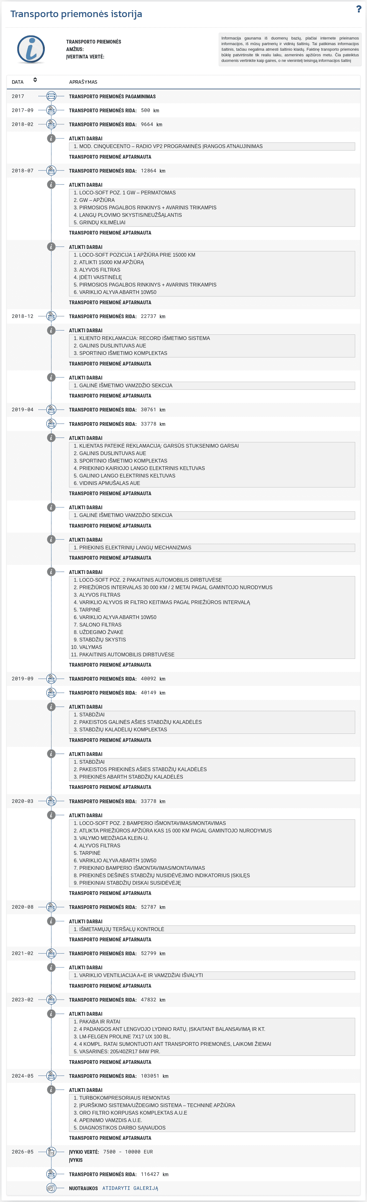Skiltis "Transporto priemonės istorija" VIN-Info ataskaitoje rodo chronologinę prieinamų įrašų seką apie transporto priemonės praeitį.