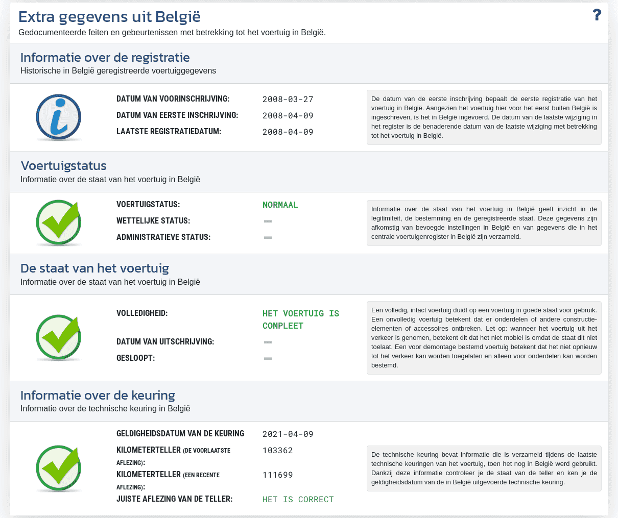 De sectie "Aanvullende gegevens uit België" in het VIN-Info-rapport toont beschikbare registratie-informatie, de voertuigstatus en gegevens van de technische keuring in België.