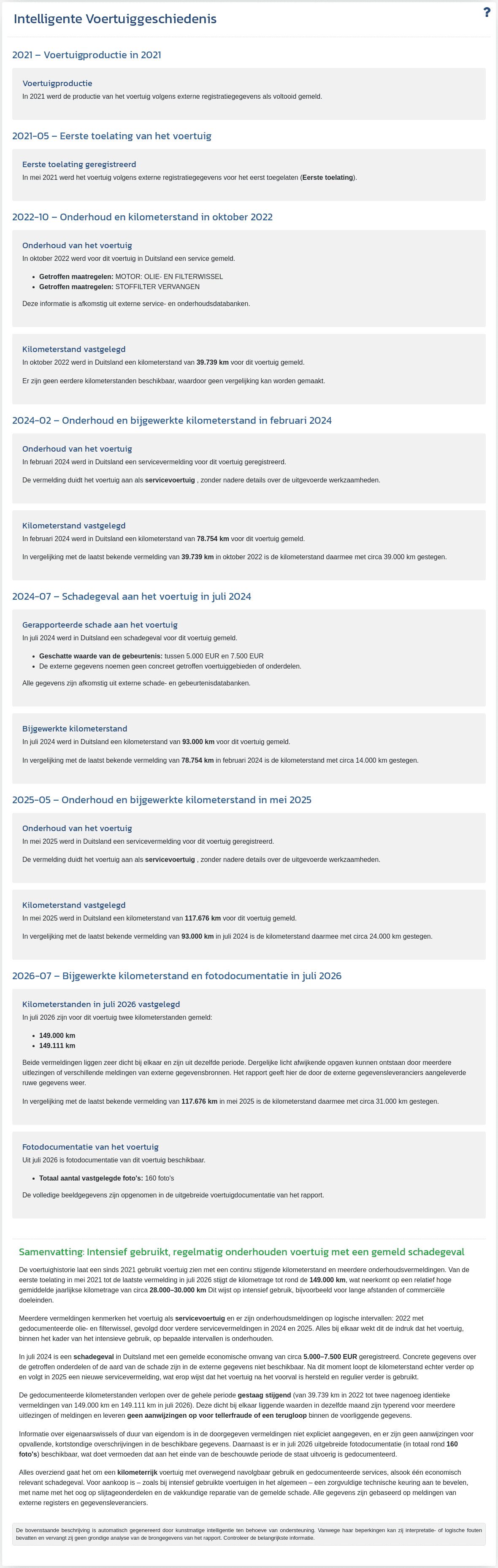 De sectie "Intelligente voertuighistorie" in het VIN-Info-rapport toont een door AI gegenereerde samenvatting op basis van de beschikbare voertuiggegevens.