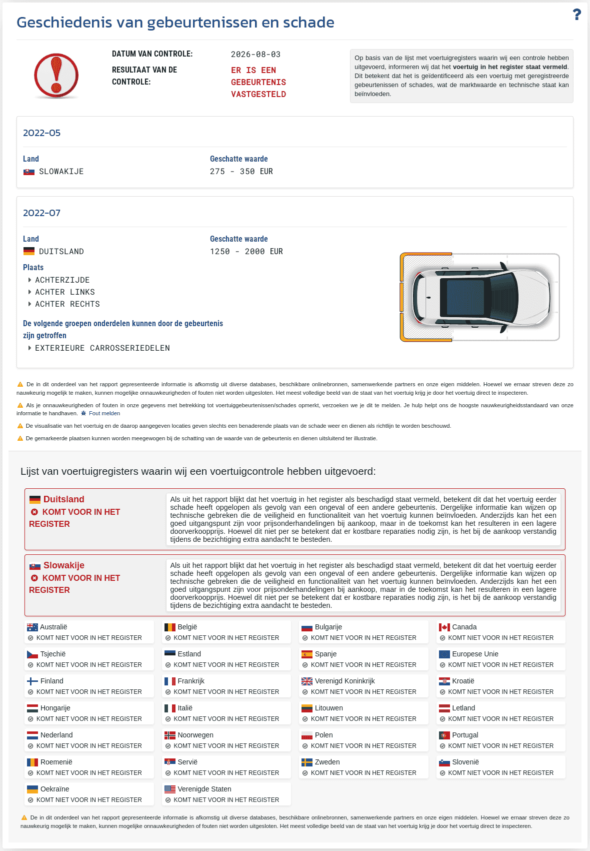 De sectie "Gebeurtenishistorie" in het VIN-Info-rapport toont beschikbare informatie over schades, aanrijdingen en andere gebeurtenissen die de beoordeling van het voertuig kunnen beïnvloeden.