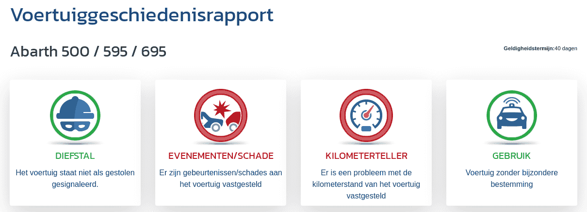 De sectie "Rapport voertuiggeschiedenis" in het VIN-Info-rapport toont de eerste aanwijzingen over kilometerstand, schade, diefstal en het beoogde gebruik van het voertuig.
