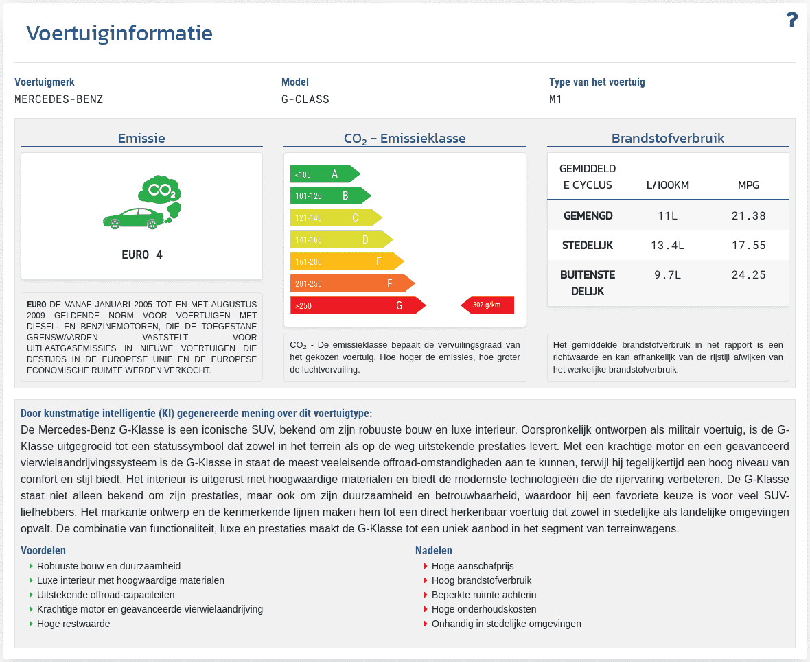 De sectie "Gegevens over het voertuig" in het VIN-Info-rapport toont de beschikbare technische gegevens en voertuigparameters die aan het VIN-nummer zijn gekoppeld.