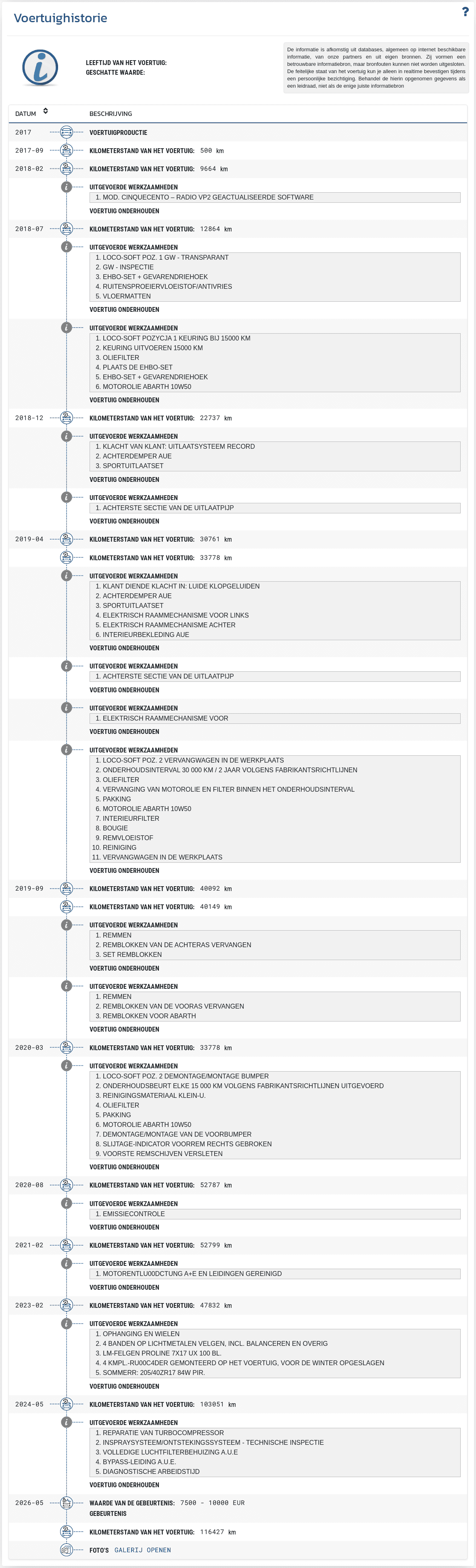 De sectie "Voertuighistorie" in het VIN-Info-rapport toont een chronologisch overzicht van beschikbare records over het verleden van het voertuig.