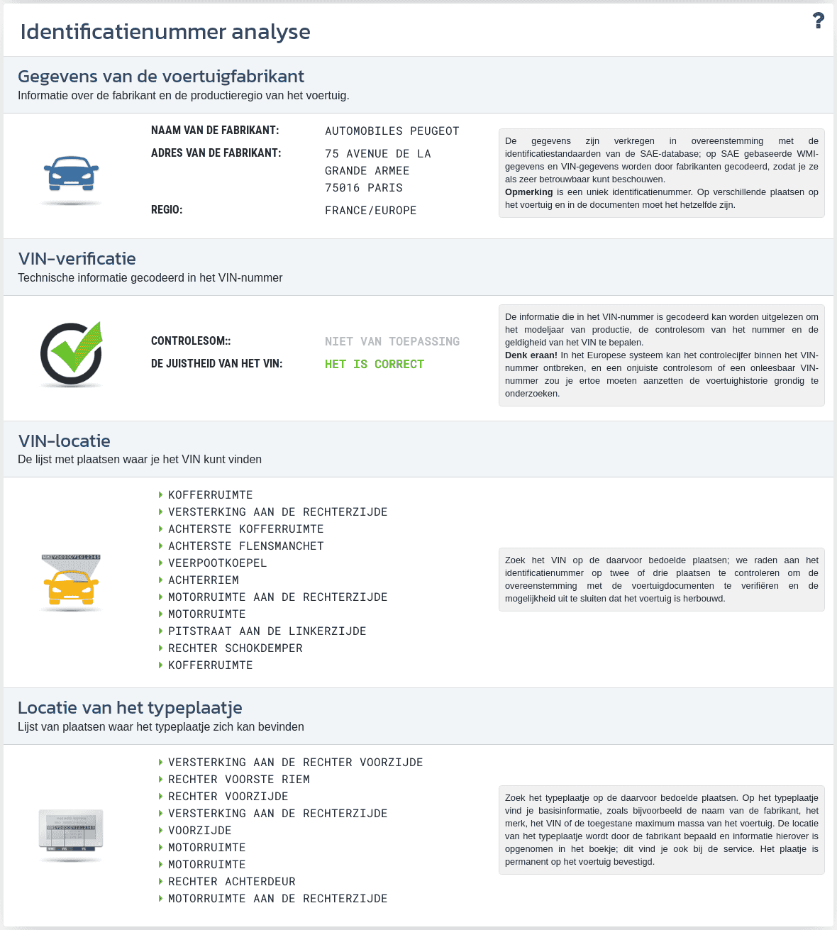 De sectie "VIN-analyse" in het VIN-Info-rapport toont de VIN-decodering, de controle van het nummerformaat en beschikbare informatie over de fabrikant en de herkomst van het voertuig.