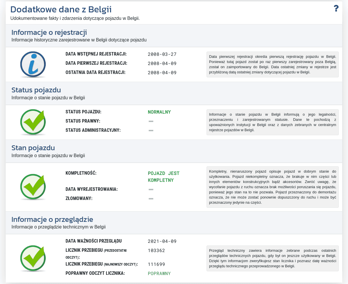 Sekcja "Dodatkowe dane z Belgii" w raporcie VIN-Info pokazuje dostępne informacje rejestrowe, status pojazdu i dane z badania technicznego w Belgii.