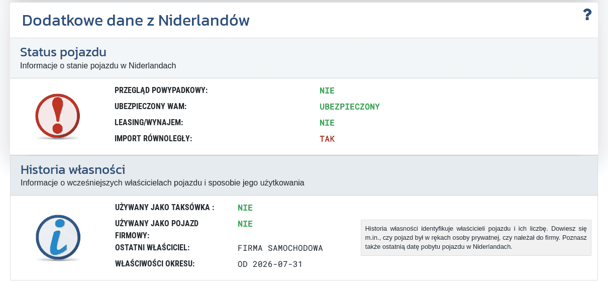 Sekcja "Dodatkowe dane z Holandii" w raporcie VIN-Info pokazuje dostępne informacje o statusie, własności i sposobie użytkowania pojazdu w Holandii.