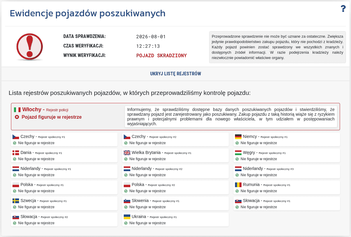 Sekcja "Baza pojazdów poszukiwanych" w raporcie VIN-Info pokazuje wynik sprawdzenia numeru VIN w dostępnych bazach pojazdów poszukiwanych.
