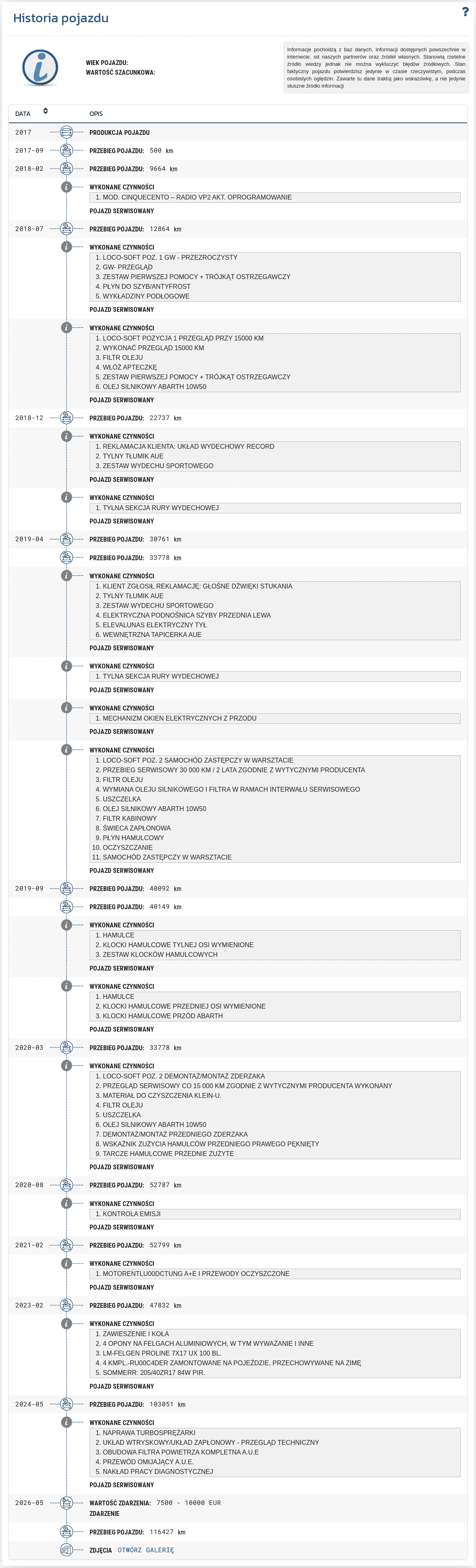Sekcja "Historia pojazdu" w raporcie VIN-Info pokazuje chronologiczny zapis dostępnych rekordów dotyczących przeszłości pojazdu.