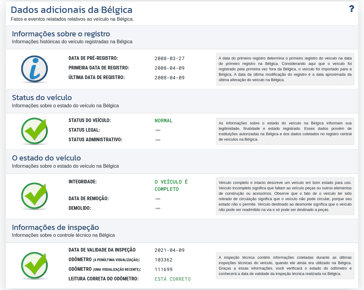 A seção "Dados adicionais da Bélgica" no relatório VIN-Info mostra as informações de registro disponíveis, o status do veículo e os dados da inspeção técnica na Bélgica.