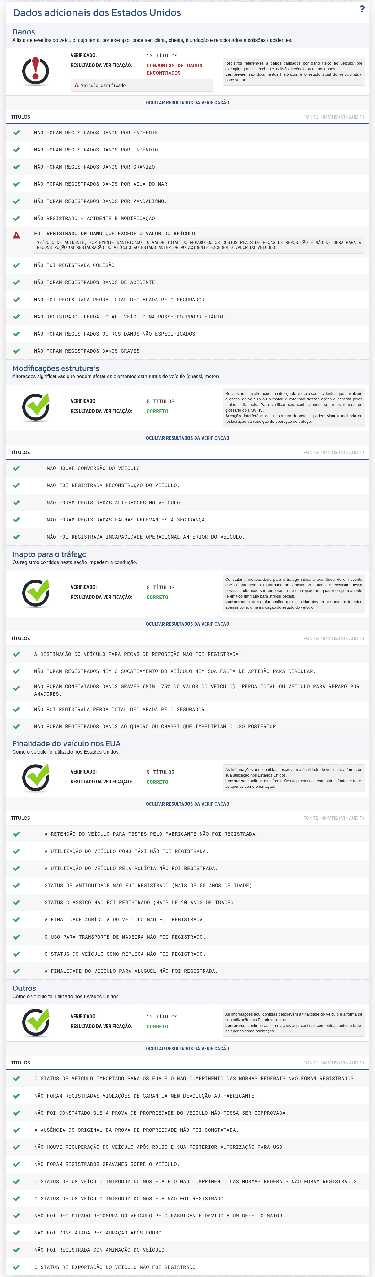 A seção "Dados adicionais dos Estados Unidos" no relatório VIN-Info mostra os registros disponíveis do mercado dos EUA sobre status, danos e histórico do veículo.