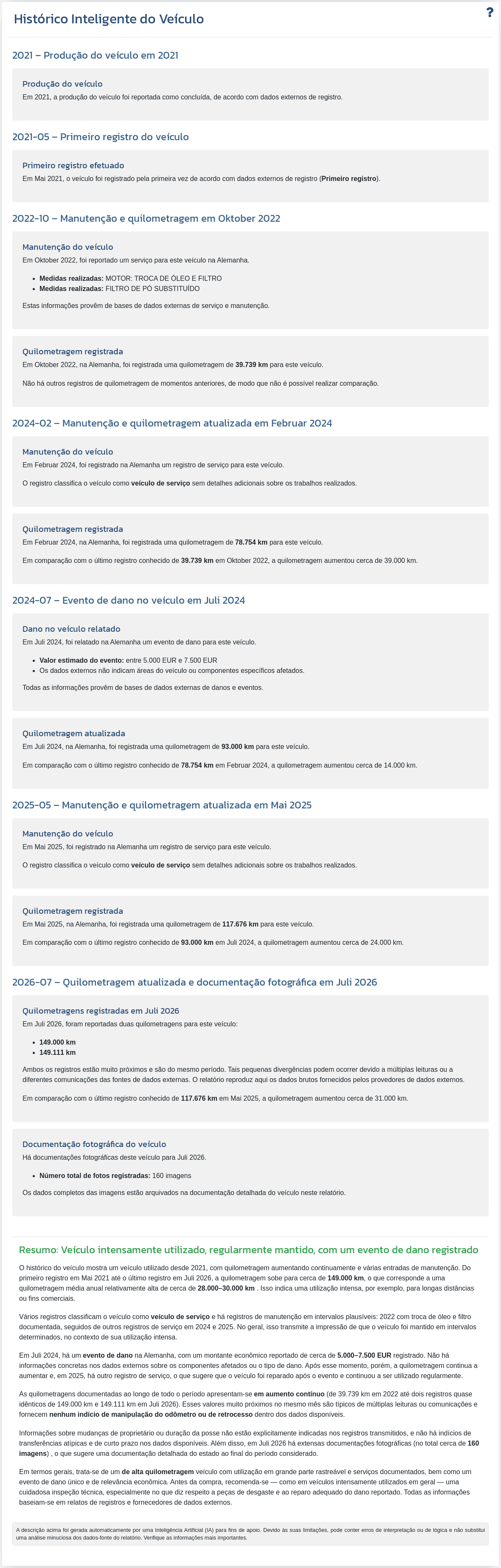A seção "Histórico inteligente do veículo" no relatório VIN-Info mostra um resumo gerado por IA com base nos dados disponíveis do veículo.