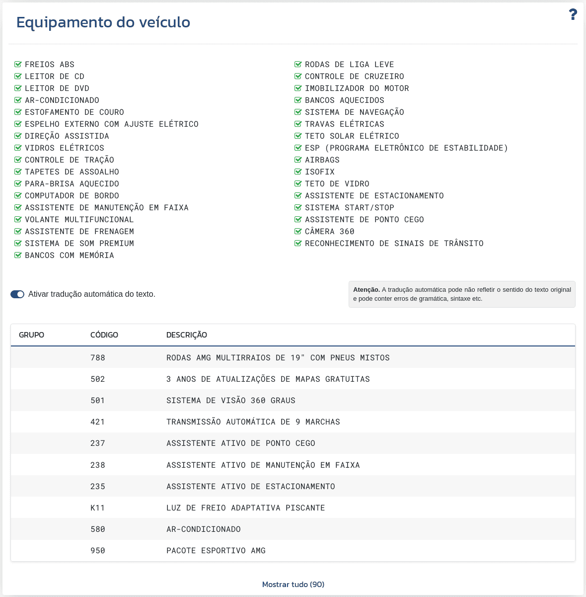 A seção "Equipamento do veículo" no relatório VIN-Info mostra as informações disponíveis sobre a configuração e o equipamento associados ao VIN.
