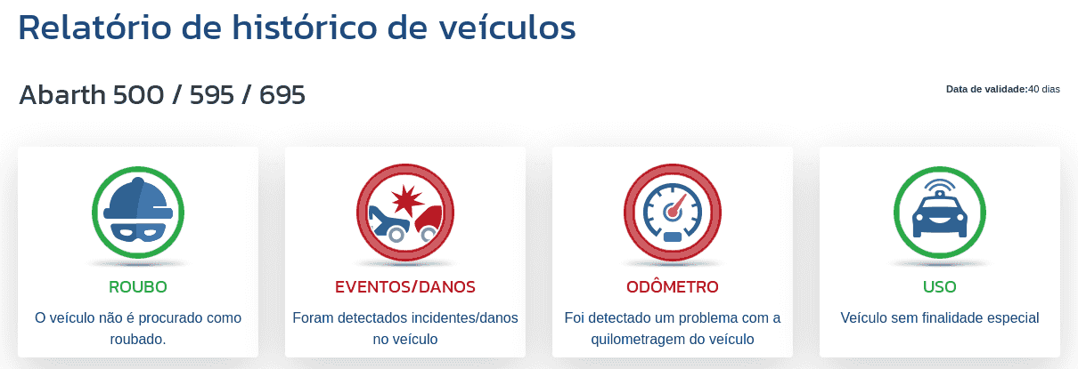 A seção "Relatório do histórico do veículo" no relatório VIN-Info mostra os primeiros indicadores sobre quilometragem, danos, roubo e a finalidade do veículo.