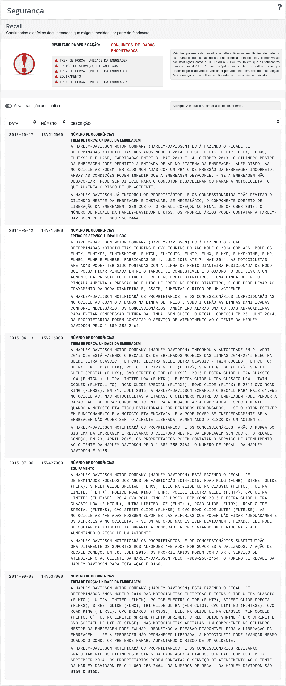 A seção "Segurança" no relatório VIN-Info mostra informações disponíveis sobre testes de segurança, sistemas de proteção e dados técnicos do veículo.