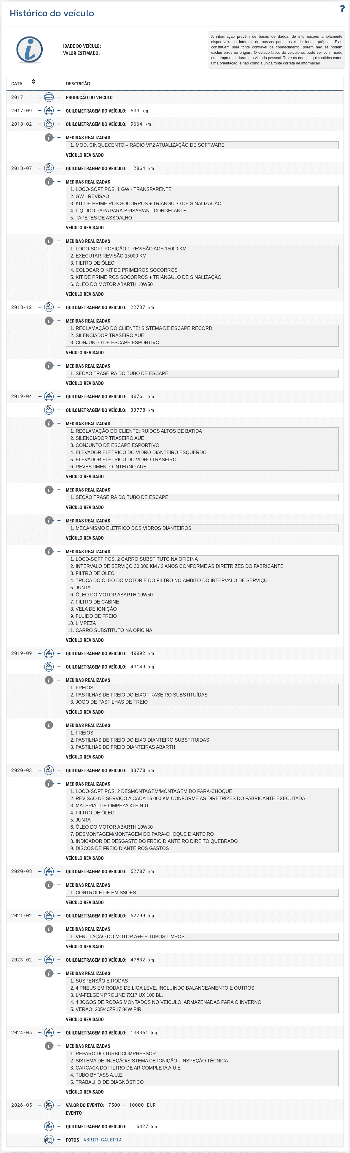 A seção "Histórico do veículo" no relatório VIN-Info mostra um registro cronológico dos dados disponíveis sobre o passado do veículo.