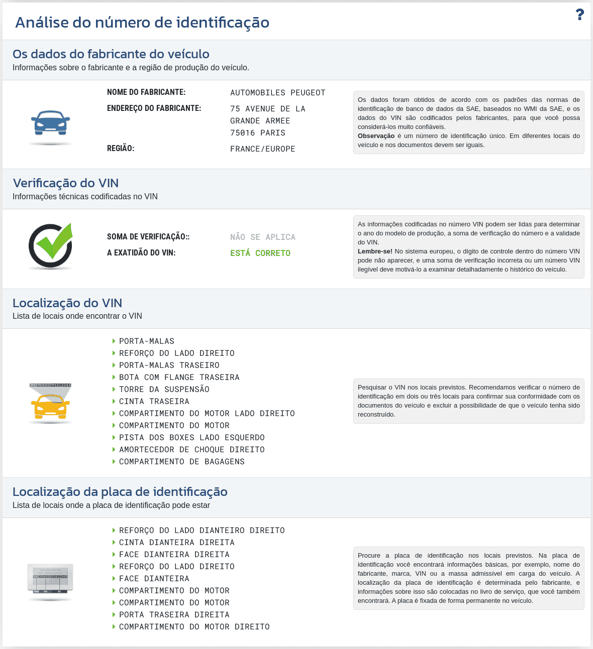 A seção "Análise do VIN" no relatório VIN-Info mostra a decodificação do VIN, a verificação do formato do número e as informações disponíveis sobre o fabricante e a origem do veículo.