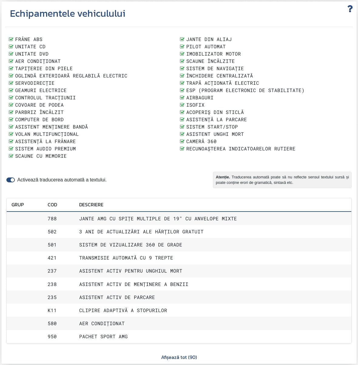 Secțiunea "Dotări ale vehiculului" din raportul VIN-Info prezintă informațiile disponibile despre configurația și dotările asociate VIN-ului.