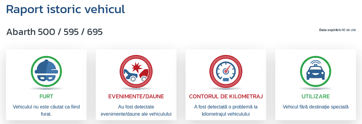 Secțiunea "Raportul istoricului vehiculului" din raportul VIN-Info arată primele indicii privind rulajul, avariile, furtul și destinația de utilizare a vehiculului.