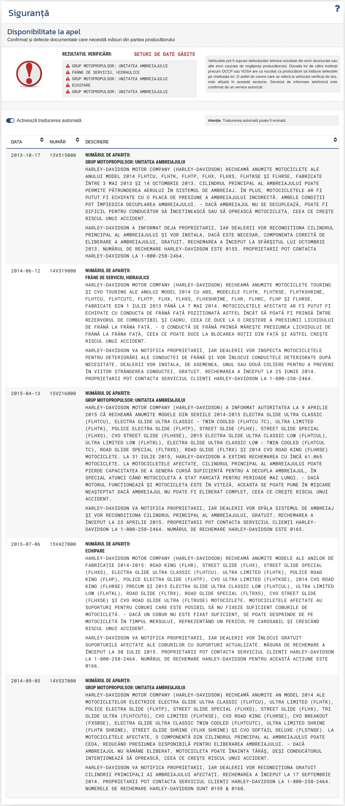Secțiunea "Siguranță" din raportul VIN-Info prezintă informații disponibile privind testele de siguranță, sistemele de protecție și datele tehnice ale vehiculului.