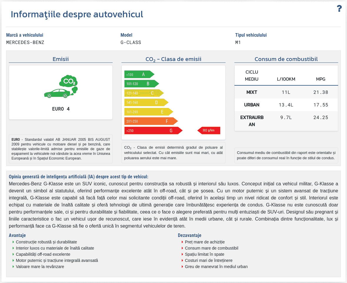Secțiunea "Informații despre vehicul" din raportul VIN-Info arată datele tehnice disponibile și parametrii vehiculului asociați numărului VIN.