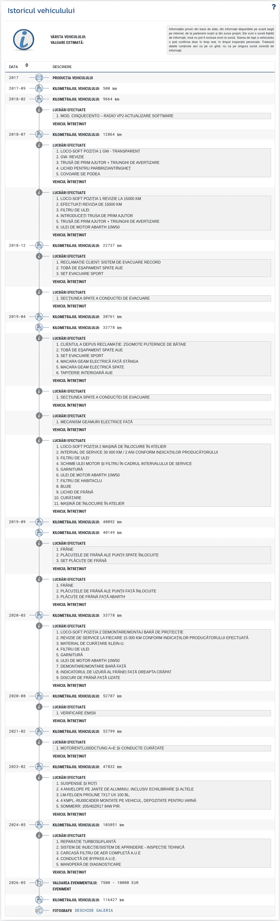 Secțiunea "Istoricul vehiculului" din raportul VIN-Info prezintă un registru cronologic al înregistrărilor disponibile privind trecutul vehiculului.