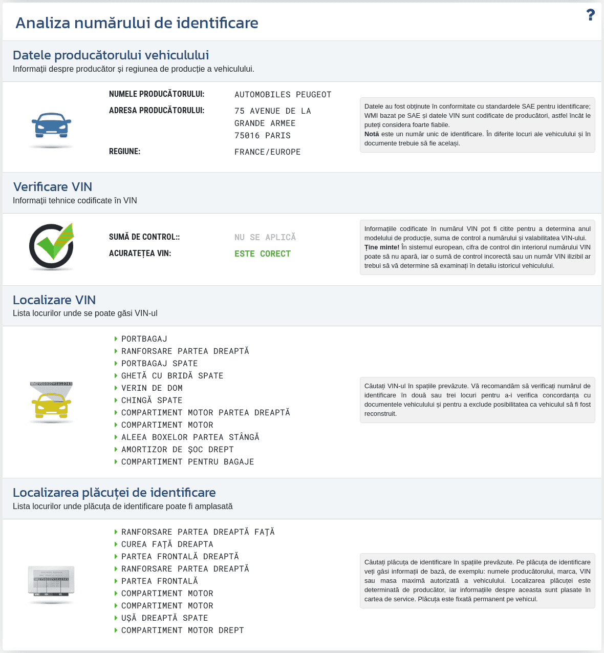 Secțiunea "Analiza VIN" din raportul VIN-Info prezintă decodarea VIN-ului, verificarea formatului numărului și informațiile disponibile despre producător și originea vehiculului.