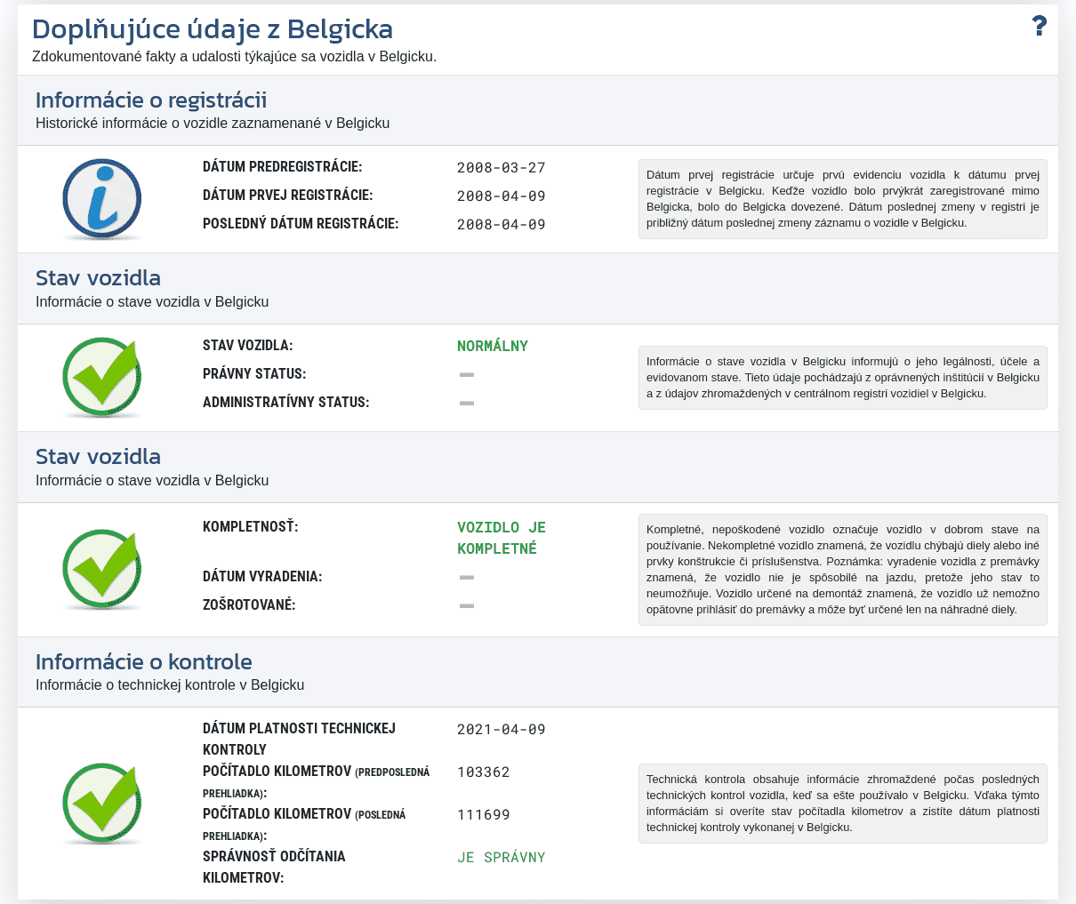 Sekcia "Doplnkové údaje z Belgicka" v reporte VIN-Info zobrazuje dostupné registračné informácie, stav vozidla a údaje z technickej kontroly v Belgicku.
