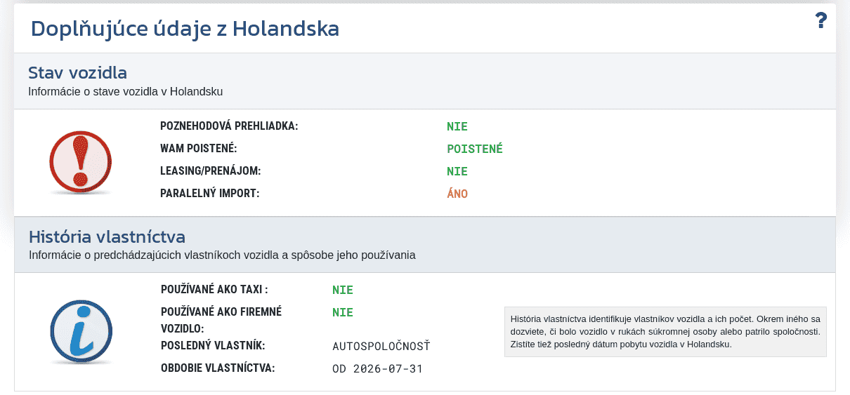 Sekcia "Doplnkové údaje z Nizozemska" v reporte VIN-Info zobrazuje dostupné informácie o stave, vlastníctve a spôsobe používania vozidla v Nizozemsku.