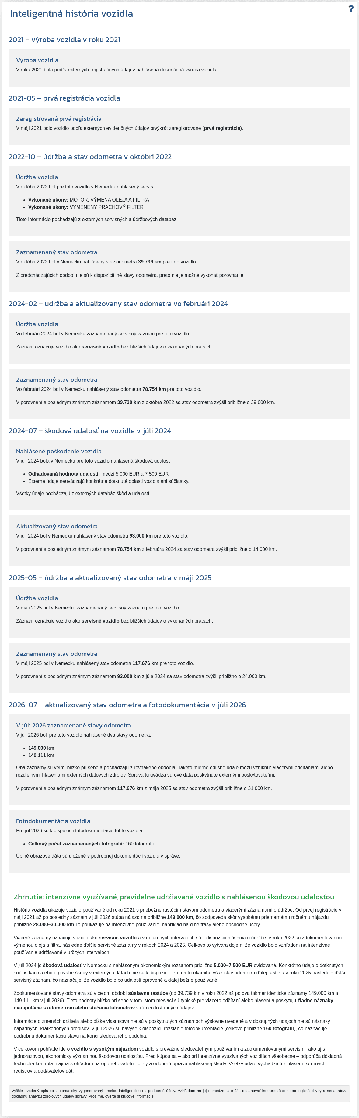 Sekcia "Inteligentná história vozidla" v reporte VIN-Info zobrazuje súhrn vygenerovaný AI na základe dostupných údajov o vozidle.