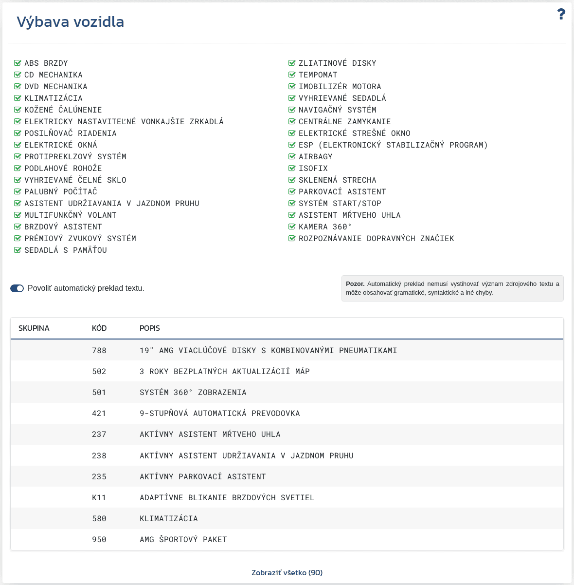 Sekcia "Výbava vozidla" v reporte VIN-Info zobrazuje dostupné informácie o konfigurácii a výbave priradenej k VIN.