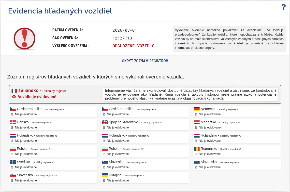 Sekcia "Databáza hľadaných vozidiel" v reporte VIN-Info zobrazuje výsledok overenia VIN v dostupných databázach odcudzených vozidiel.