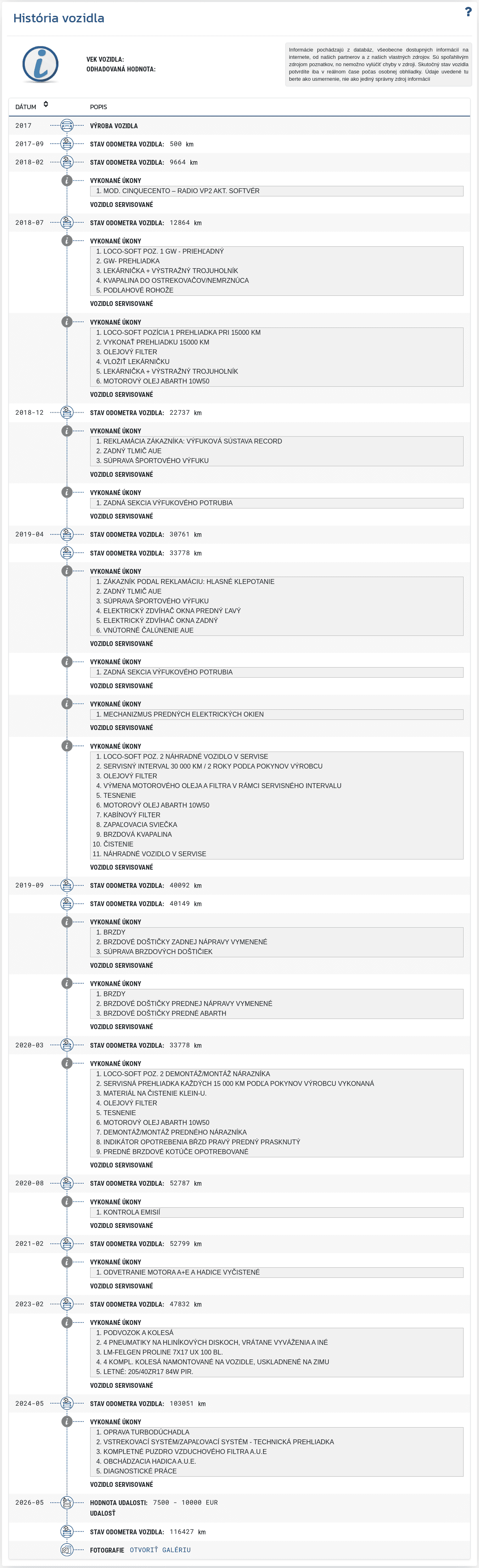 Sekcia "História vozidla" v reporte VIN-Info zobrazuje chronologický záznam dostupných údajov o minulosti vozidla.