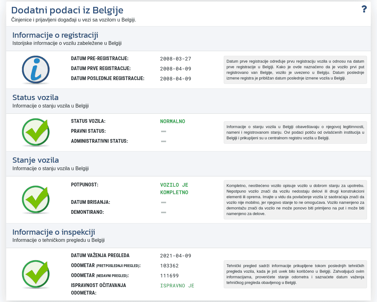 Odsek "Dodatni podaci iz Belgije" u izveštaju VIN-Info prikazuje dostupne registracione informacije, status vozila i podatke sa tehničkog pregleda u Belgiji.