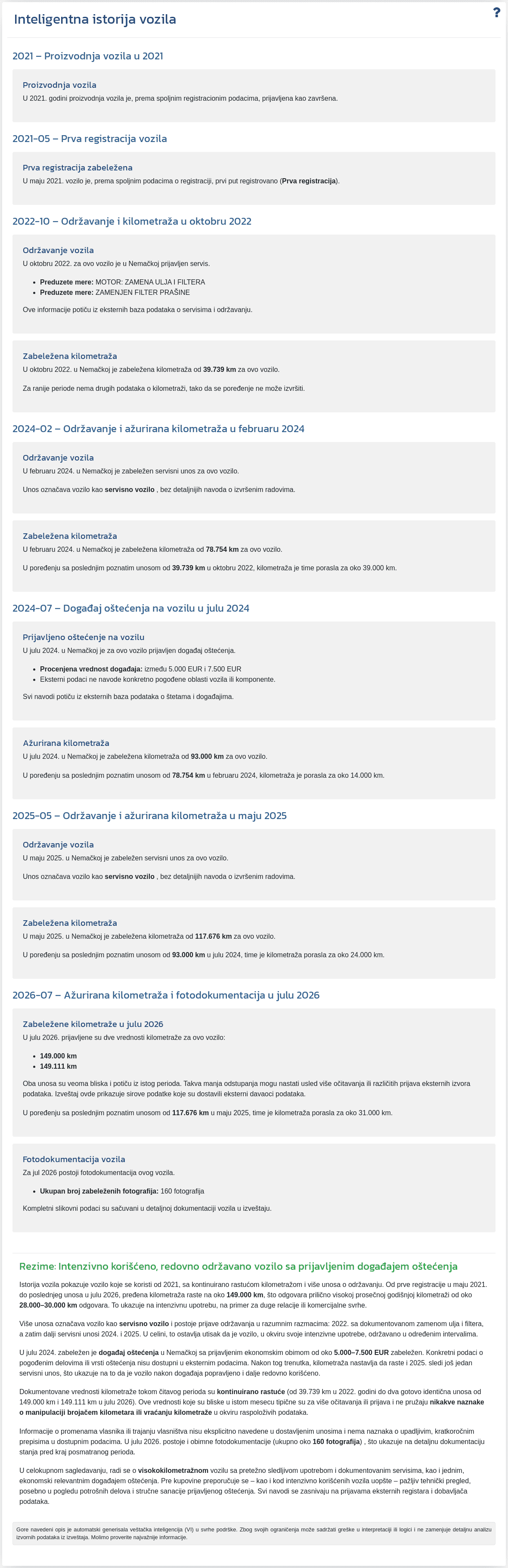 Odsek "Inteligentna istorija vozila" u izveštaju VIN-Info prikazuje sažetak generisan veštačkom inteligencijom na osnovu dostupnih podataka o vozilu.