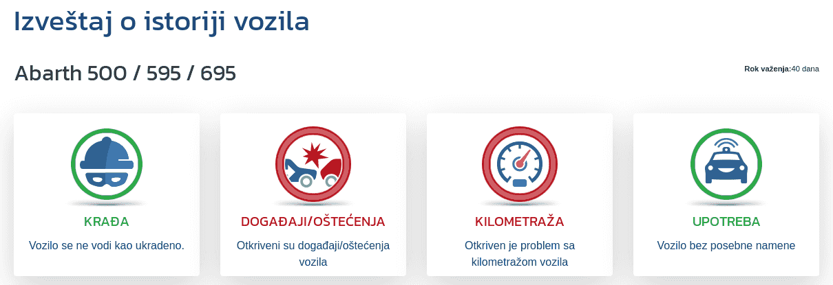 Odsek "Izveštaj o istoriji vozila" u izveštaju VIN-Info prikazuje prve pokazatelje u vezi sa kilometražom, oštećenjima, krađom i namenom vozila.