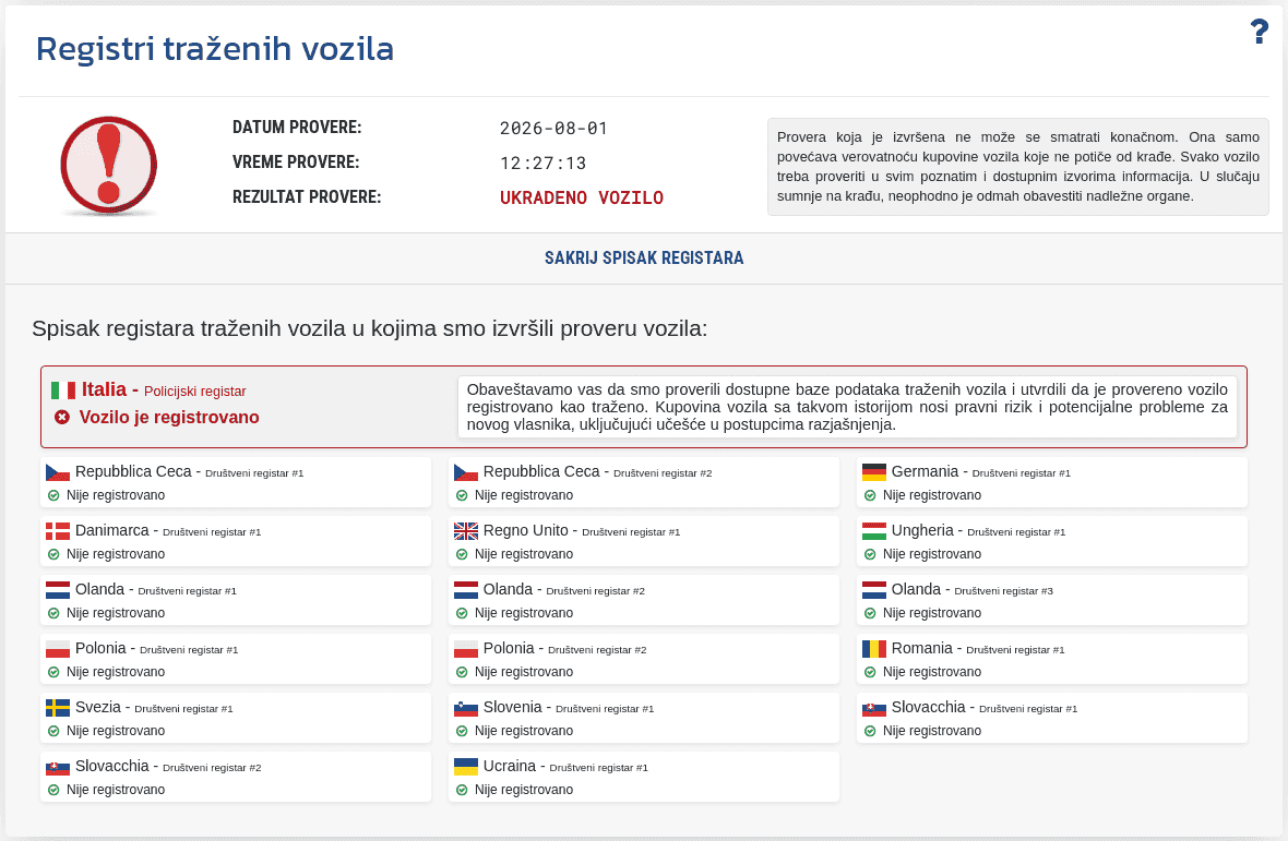 Odsek "Baza traženih vozila" u izveštaju VIN-Info prikazuje rezultat provere VIN broja u dostupnim bazama podataka ukradenih vozila.